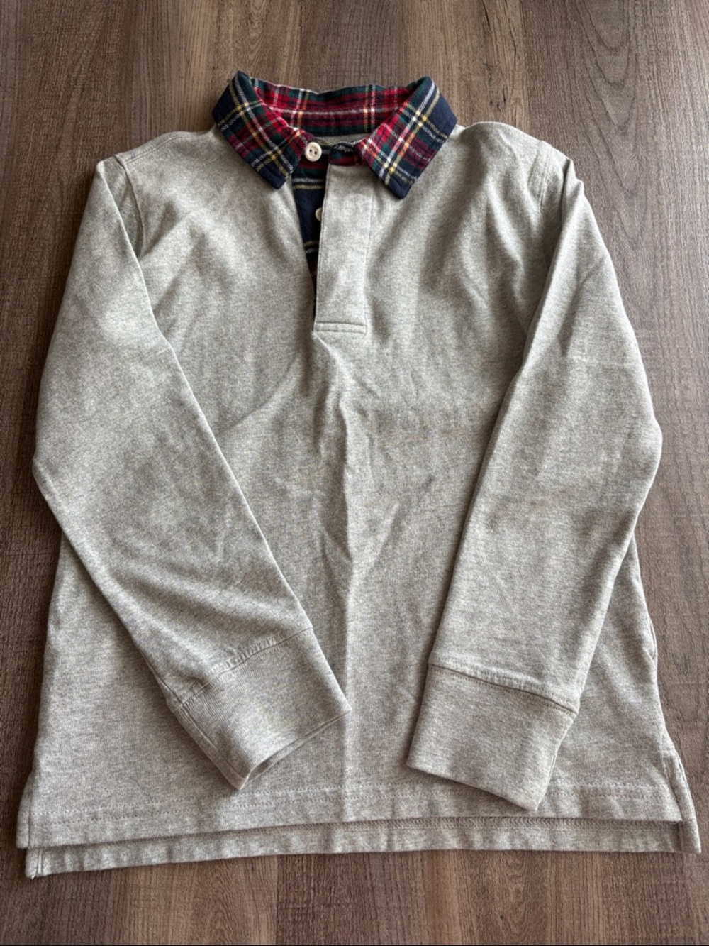 Boys Gray Long-Sleeve Rugby Shirt with Plaid Collar